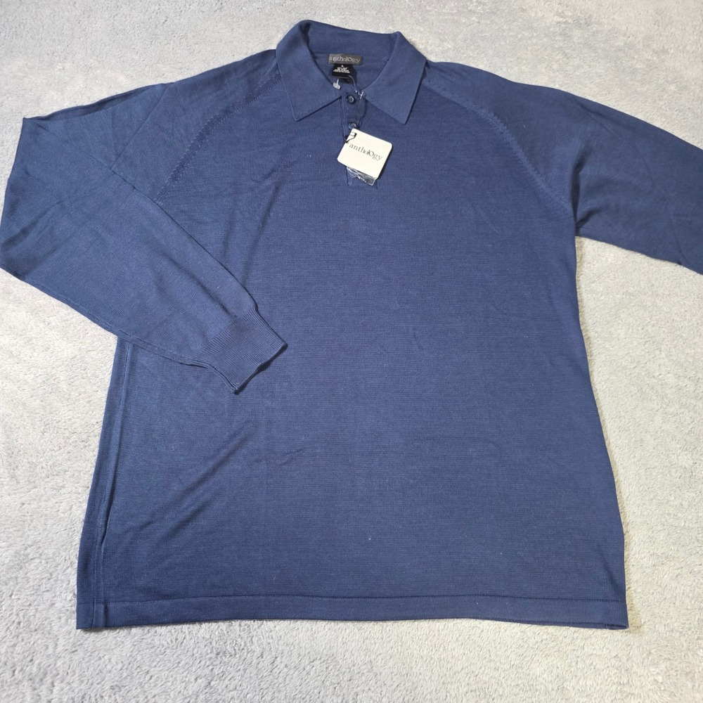 Anthology Mens L Polo Sweater Navy Blue 100% Silk Long Sleeve Raglan AB1719